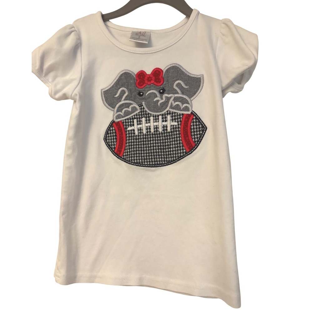 AJ Blanks Girls White Elephant Football Houndstooth Applique Puff Sleeve Shirt 6